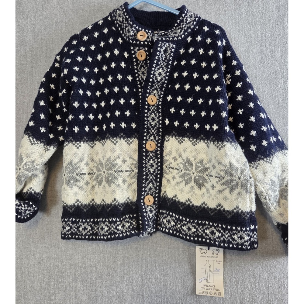 Nordic Fair Isle Boys XS Wool Cardigan Sweater Hand Made in Estonia Europe NEW